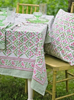 Gazebo Block Print Tablecloth - Pink Green